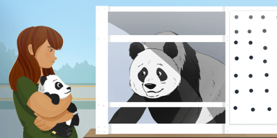 Illustration of a young girl holding a panda doll and looking sad while saying goodbye to a live panda.