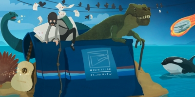 Illustration of several different animals and people climbing out of a mail bag.
