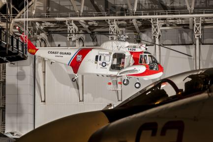 Coast Guard helicopter in exhibit hall
