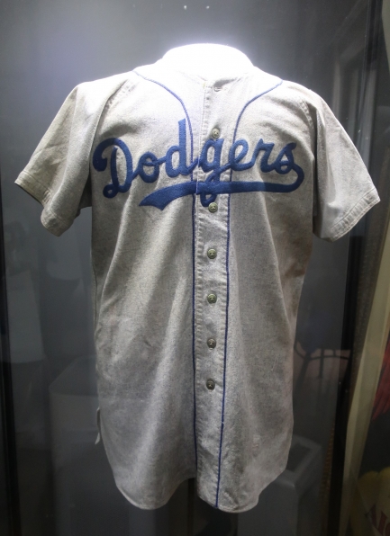 Dodgers baseball jersey in a glass case