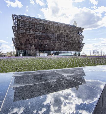 Museum exterior with reflecting pool
