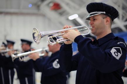 Air force band, cornet player in foreground