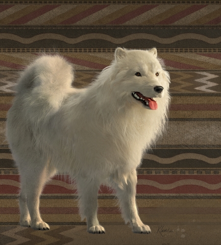 Computer reconstruction of white dog against earth-colored horizontal pattern.