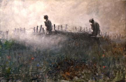 painting of soldiers crossing a field