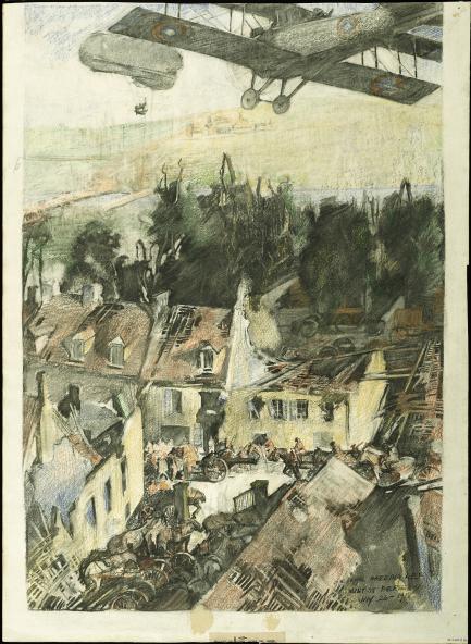 Sketch of plane over village
