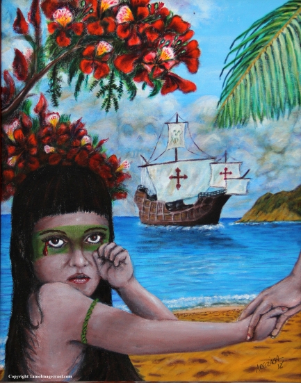 Painting of indigenous child crying with Spanish ship in background