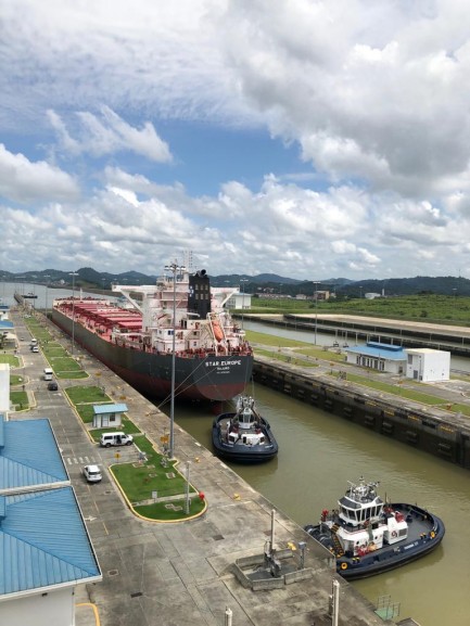 Ship moving through Panama Canal lock