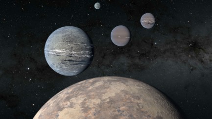 Artist rendering of five planets of various sizes
