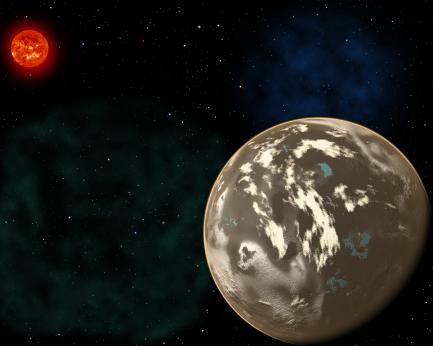 Artist's rendering of planet orbiting red sun