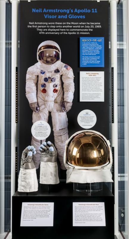 Exhibit case with spacesuit, helmet and gloves