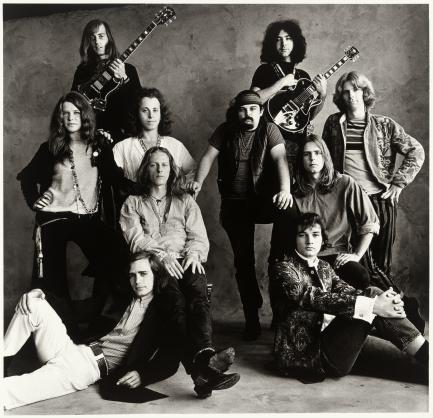 Black and white photo of rock musicians