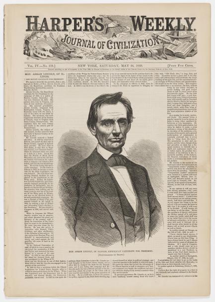 Portrait of Lincoln on front page pf Harpers Weekly