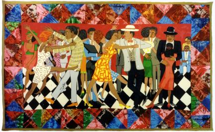 Colorful quilt featuring musicians