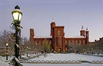 Smithsonian Castle and Haupt Garden in snow