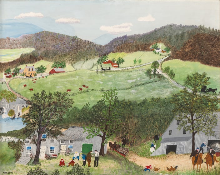 Painting of a stylized landscape with green rolling hills, farms and people.