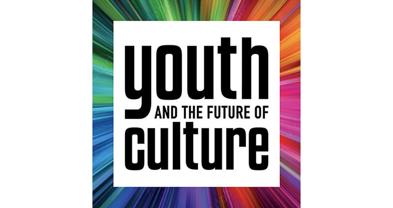 Square logo with rainbow colored border and blocky, black text in the center. 