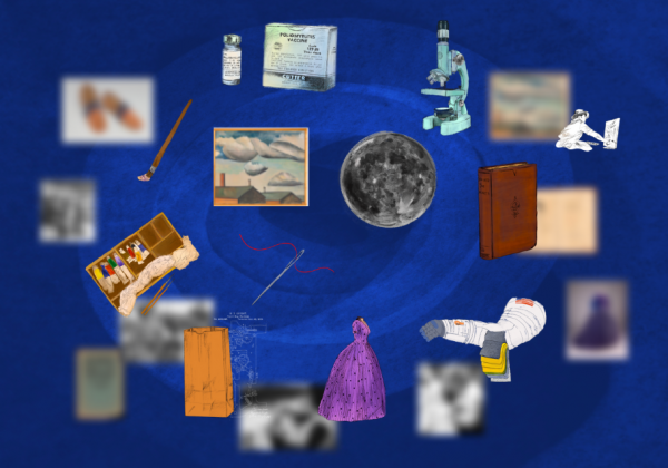 Collections objects sit on a blue background, some are fuzzy and some are clear.