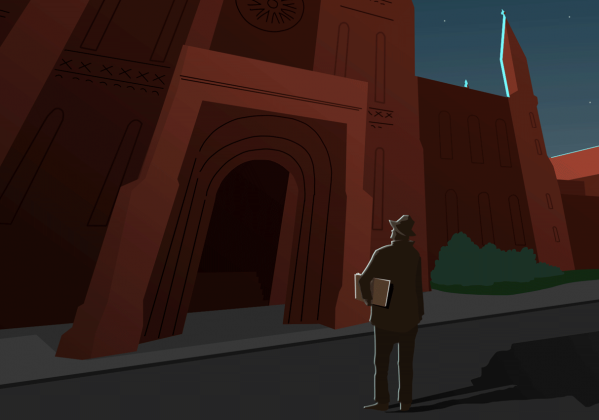 man holding papers looks at Smithsonian Castle at night