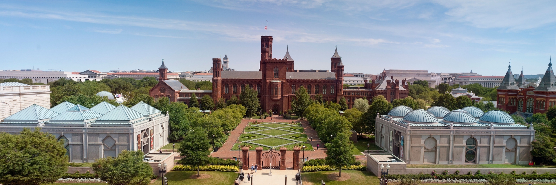 Aerial view of Castle and surrounding Smithsonian museums.