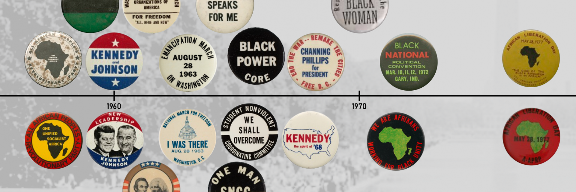 an assortment of political pushpin buttons along a timeline