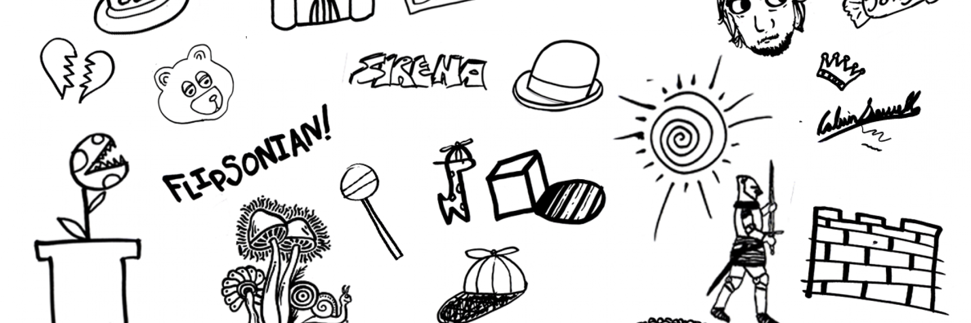 black ink cartoon doodles on white background with "Flipsonian" text in the middle left