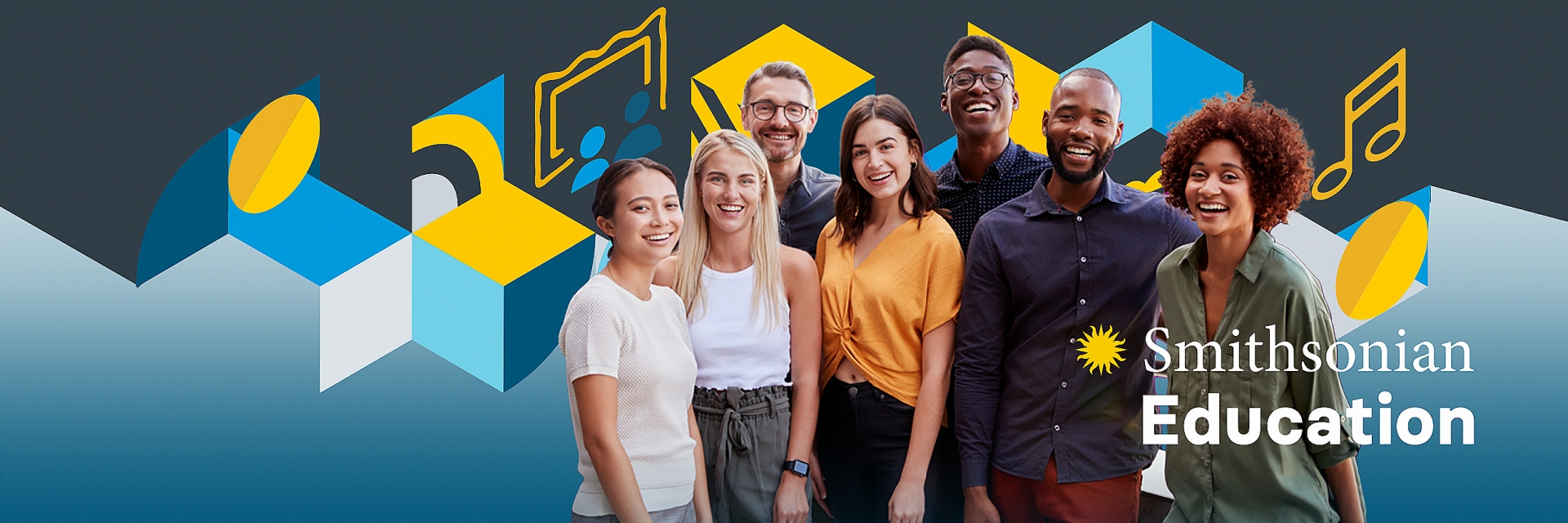 A diverse group of young educators, smiling. Behind is a graphic of blue and yellow isometric squares and museum icons.