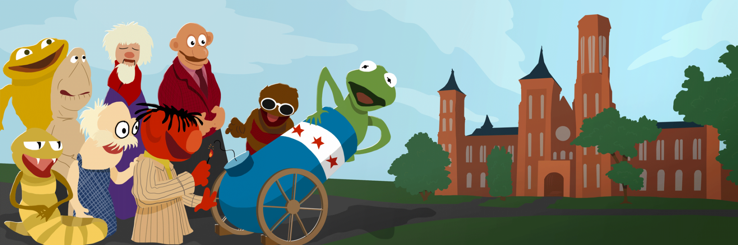 An illustration of a group of muppets next to the Smithsonian castle.