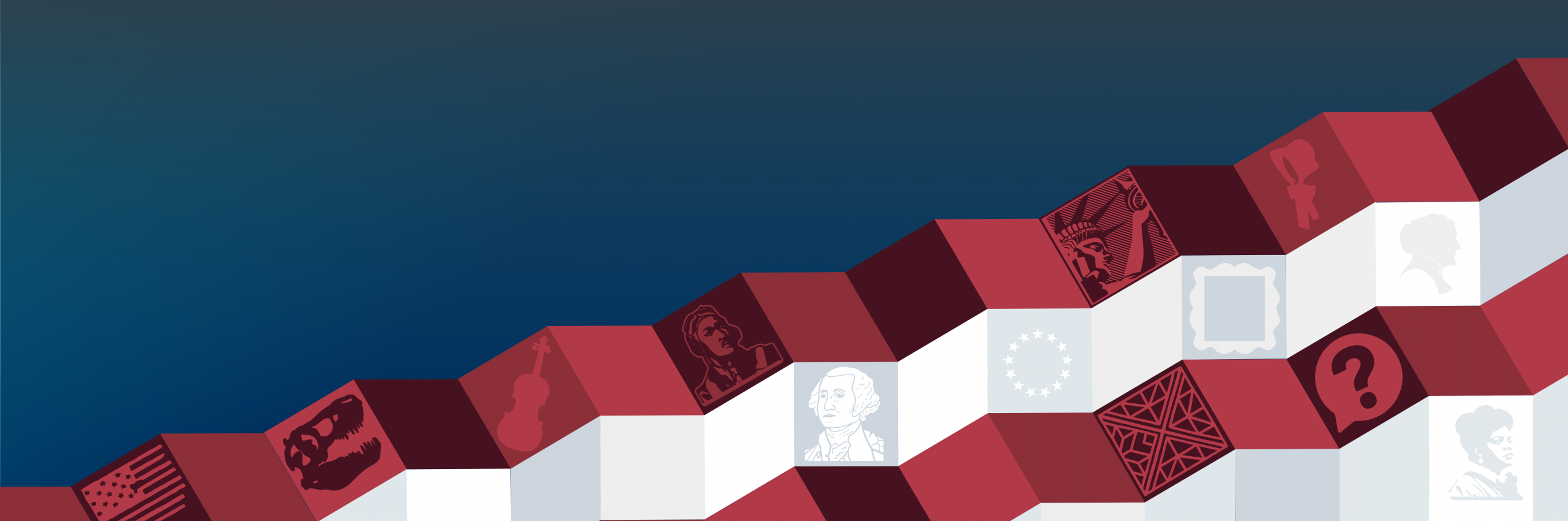 Graphic showing red and white steps with embedded silhouettes of museum objects.