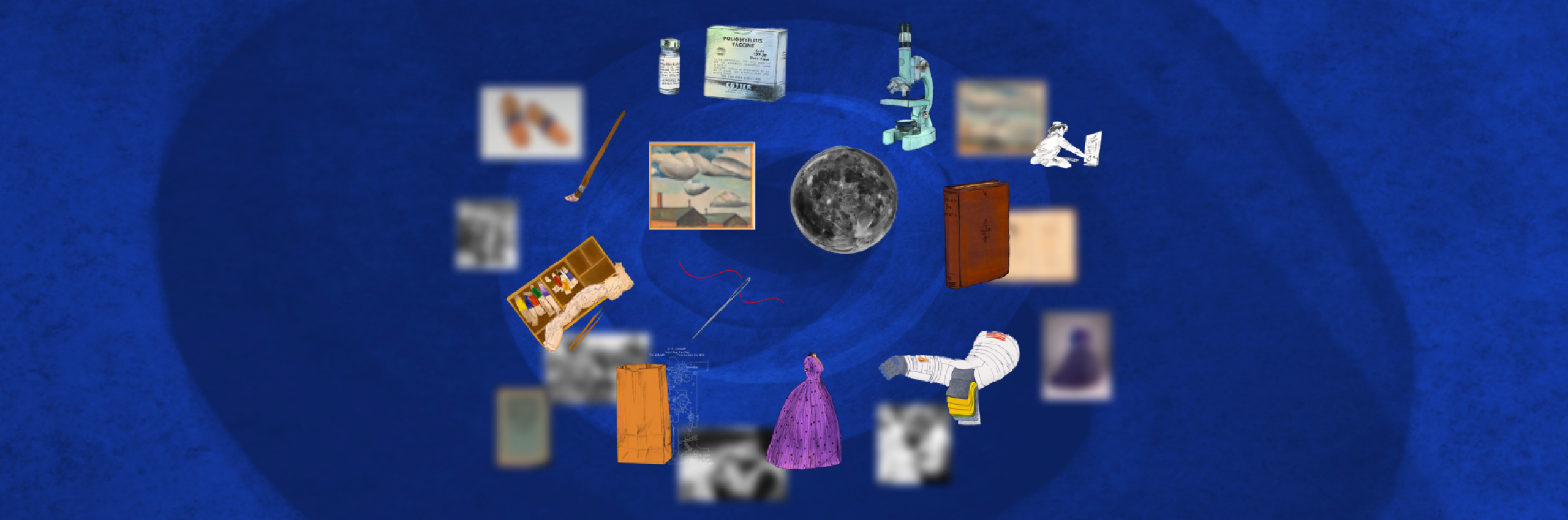 Collections objects sit on a blue background, some are fuzzy and some are clear.