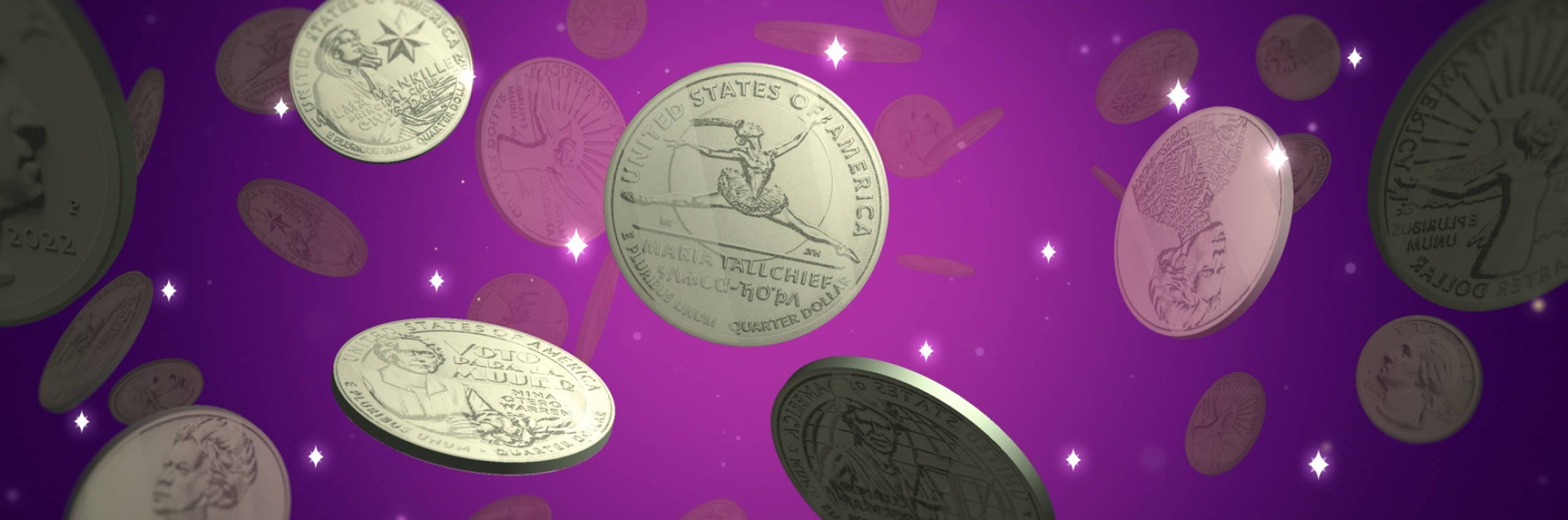 Purple background with illustrated coins floating around.