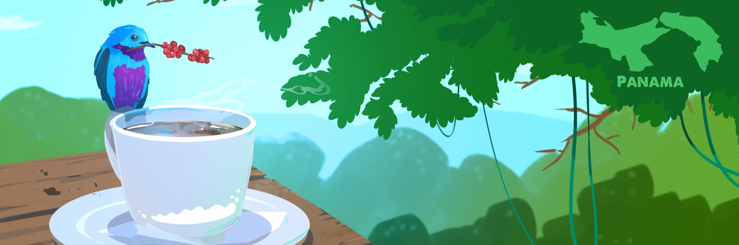 Illustration of a blue and purple bird sitting on the side of a white cup of coffee with jungle trees in background.